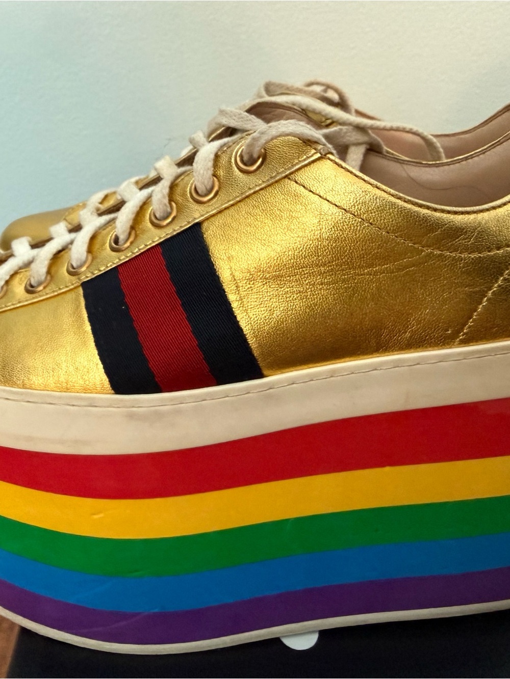 Gucci Gold Leather Platform Sneaker with Rainbow Striped Sole